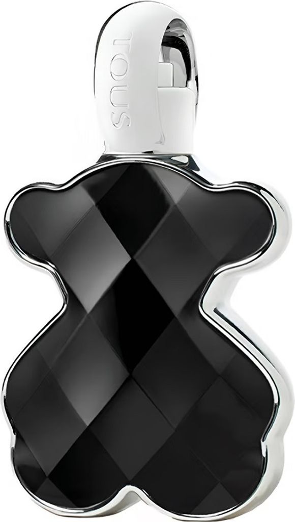 A black, faceted, bear-shaped perfume bottle with a white cap and silver trim, set against a white background.