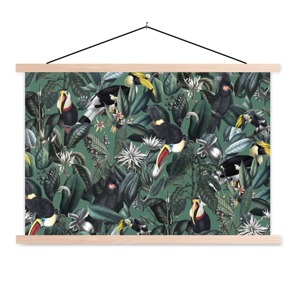 MuchoWow Textilposter Blumen - Vogel - Collage 120x80 cm mit holzfarbenen Rahmen - Aufhängeset