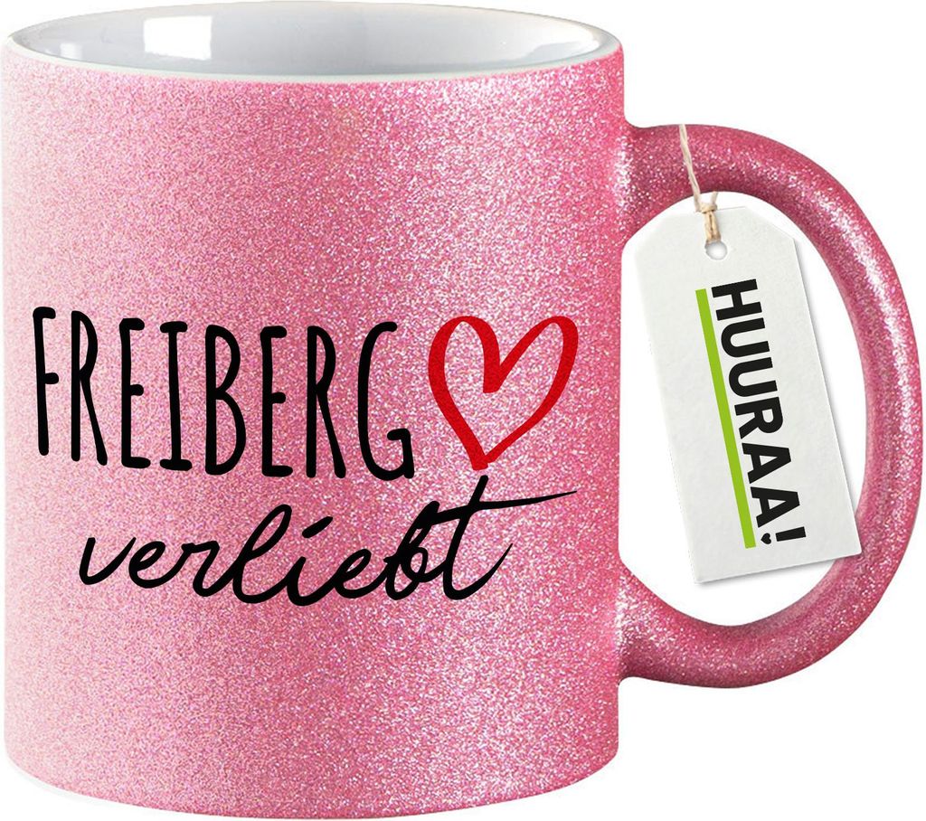 Huuraa Glitzertasse Freiberg verliebt 330ml Pink Keramik Kaffeebecher Geschenkidee
