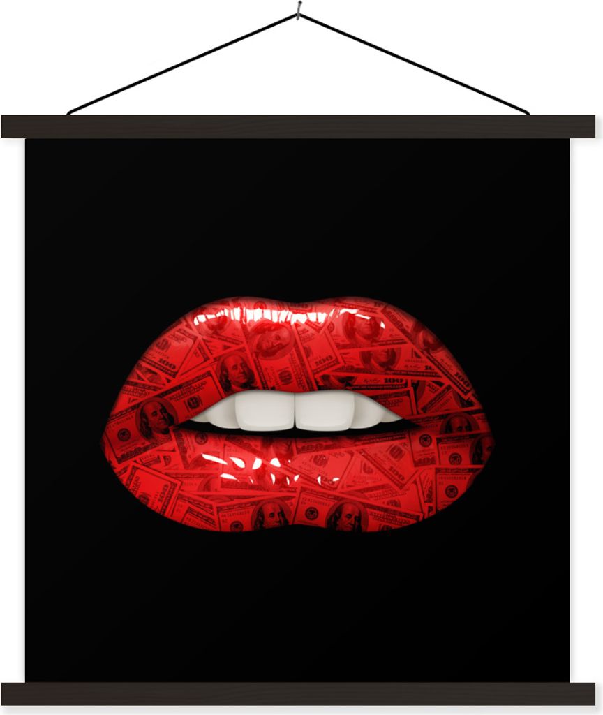 MuchoWow Textilposter Lippen - Geld - Rot 60x60 cm mit schwarzem Rahmen - Posteraufhänger
