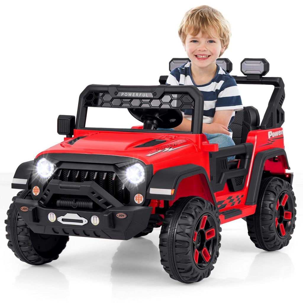 GOPLUS 12V Elektroauto für Kinder, Kinderauto mit 2,4G Fernbedienung, Musik, LED-Leuchten, Leistungsanzeige, Sanftanlauf & 3 Geschwindigkeiten, Rot
