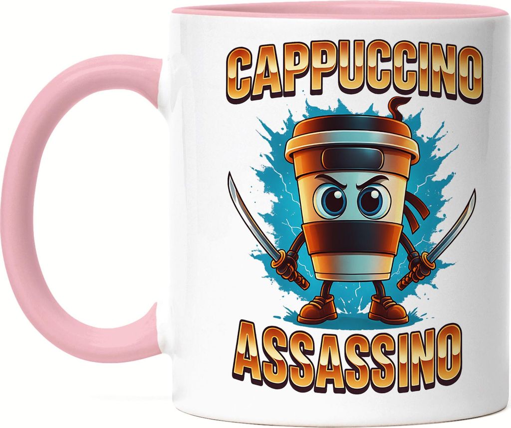 Cappuccino Assassino Tasse Rosa – Lustiger Kaffee Becher mit Cappuccino Ninja