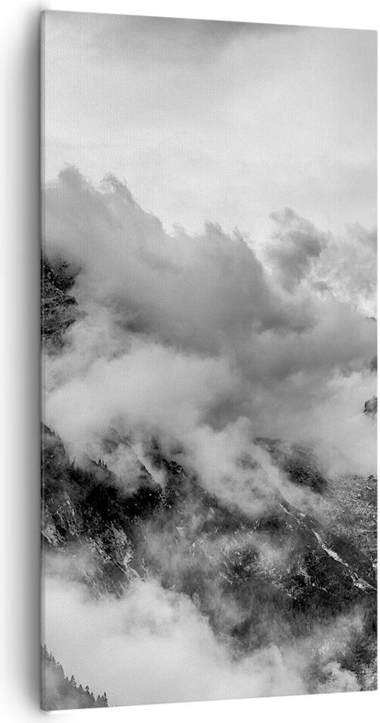 Bild auf Leinwand - Leinwandbild - Berge Nebel Gipfel - 65x120cm - Wand Bild - Wanddeko - Leinwanddruck - Bilder - Kunstdruck - Wanddekoration - Le...