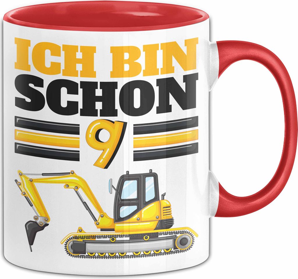 9. Geburtstag Geschenk Tasse Becher Jungs Bagger Ich Bin Schon 9 (Rot)
