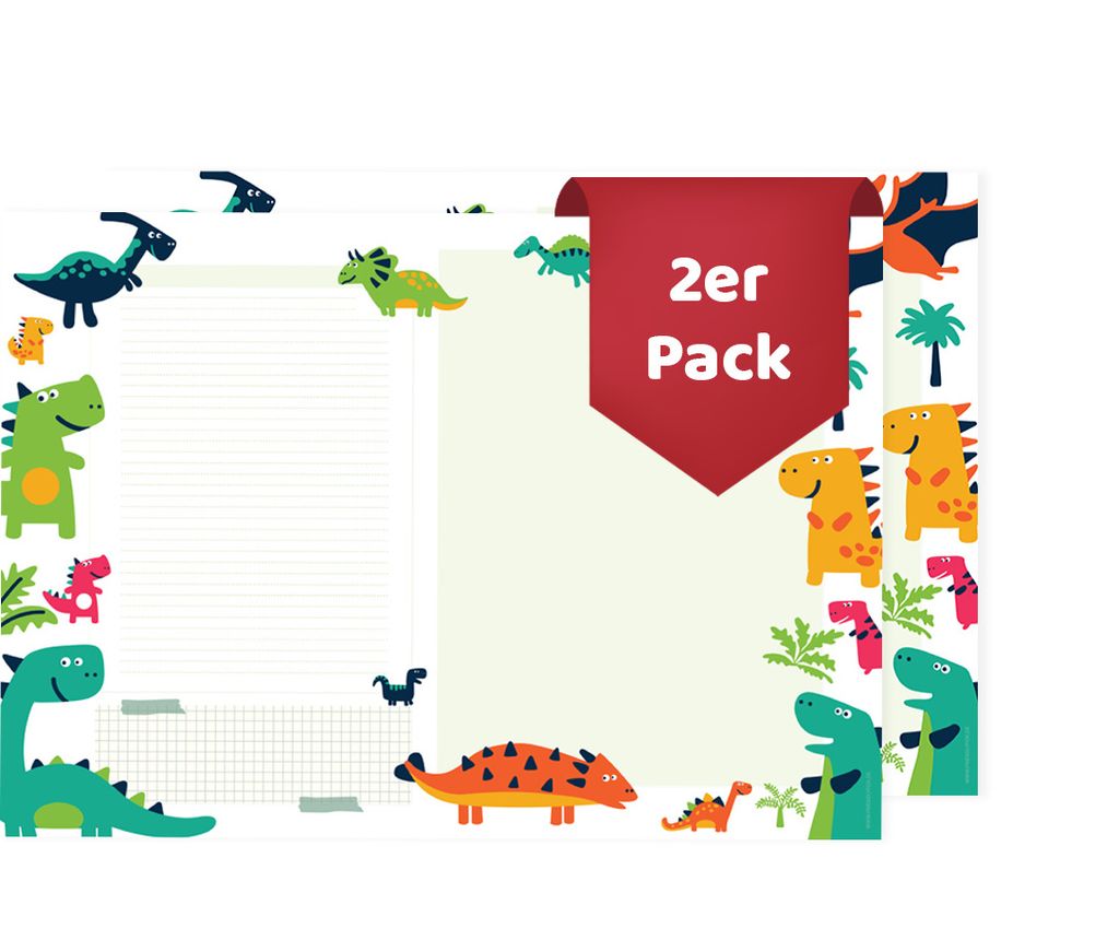 Friendly Fox Dino Schreibtischunterlage Papier, 2x DIN A2 Kinder Schreibtischunterlage, 25 Blatt Block zum Malen Schreiben, Doppelpack