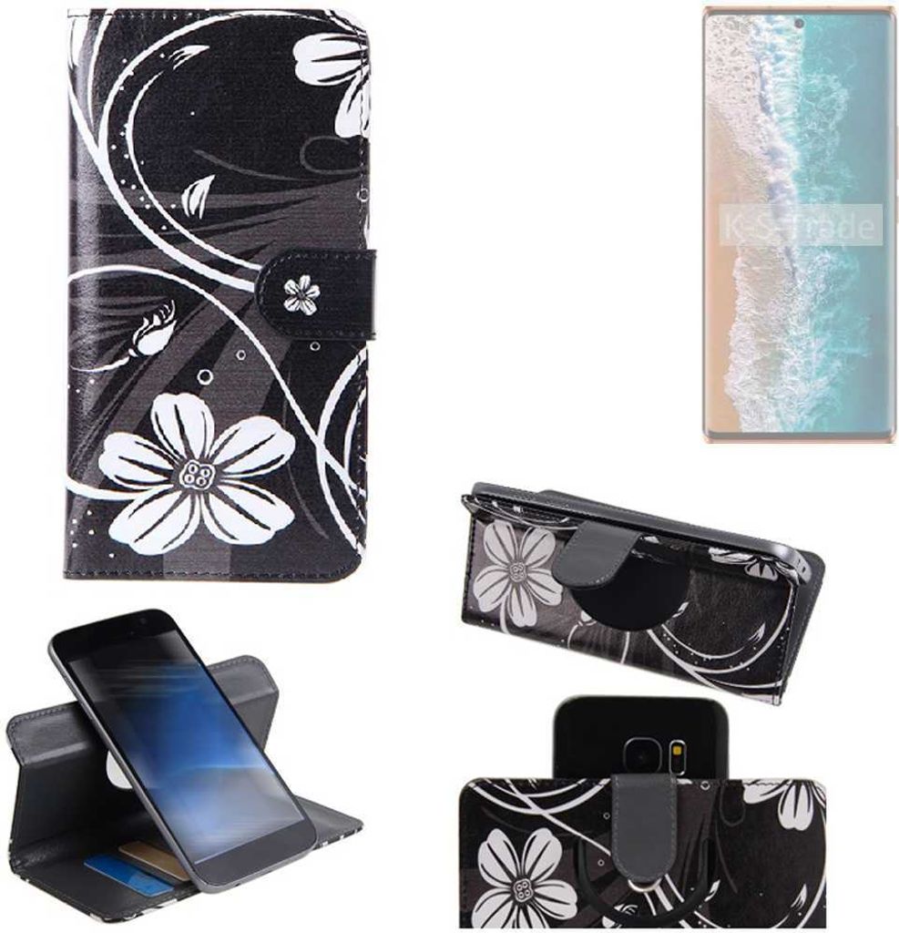 K-S-Trade Schutzhülle Handyhülle kompatibel mit Tecno Phantom X2 Pro Hülle 360° Wallet Case “Flowers“ Klapphülle Hülle schwarz-weiß 1x
