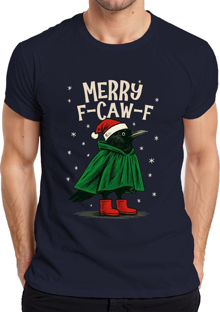 Merry F Caw F Krähe Weihnachten lustig Santa Hut Retro Herren T-Shirt, Navy, 3XL