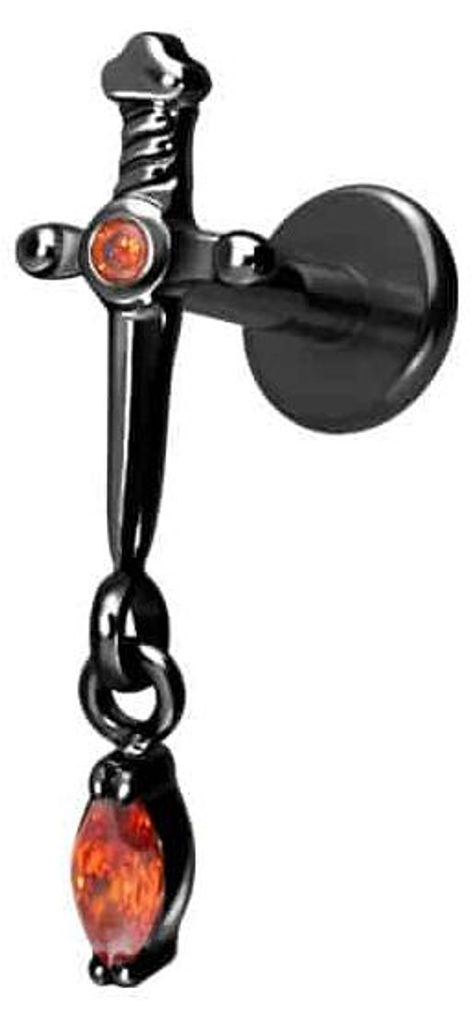 Ohrpiercing, Nasenpiercing Titan Labret mit Innengewinde DOLCH + KRISTALLTROPFEN Schwarz Stablänge: 5mm | Stabstärke: 1,2mm