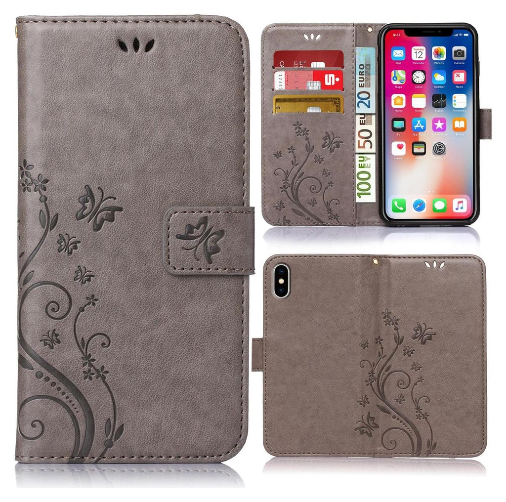 A collage of images showing a grey flip phone case with a floral pattern, designed for an Apple iPhone XR. The case is shown open and closed, with cards and cash inserted.