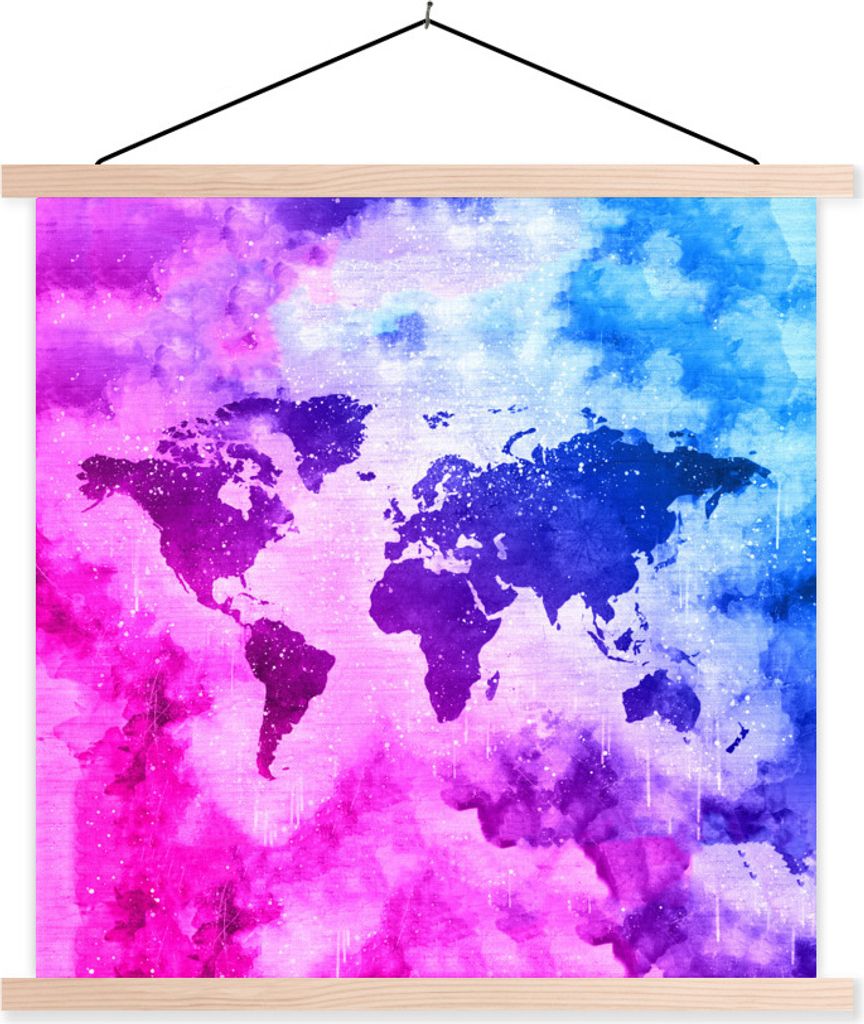 MuchoWow Textilposter Weltkarte - Rauch - Farben 120x120 cm mit holzfarbenen Rahmen - Textil-Poster