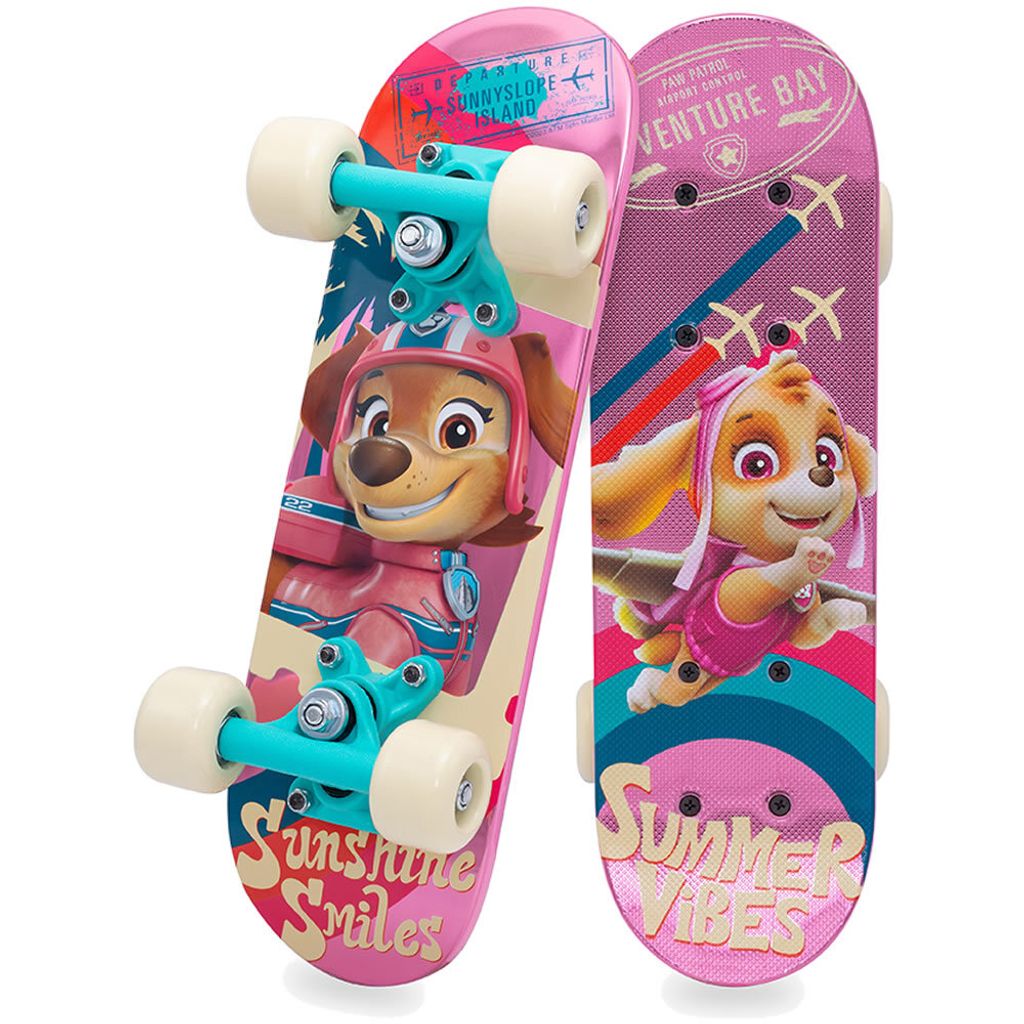 Two skateboards are shown side-by-side against a white background. Both skateboards feature colorful designs with characters from Paw Patrol.
