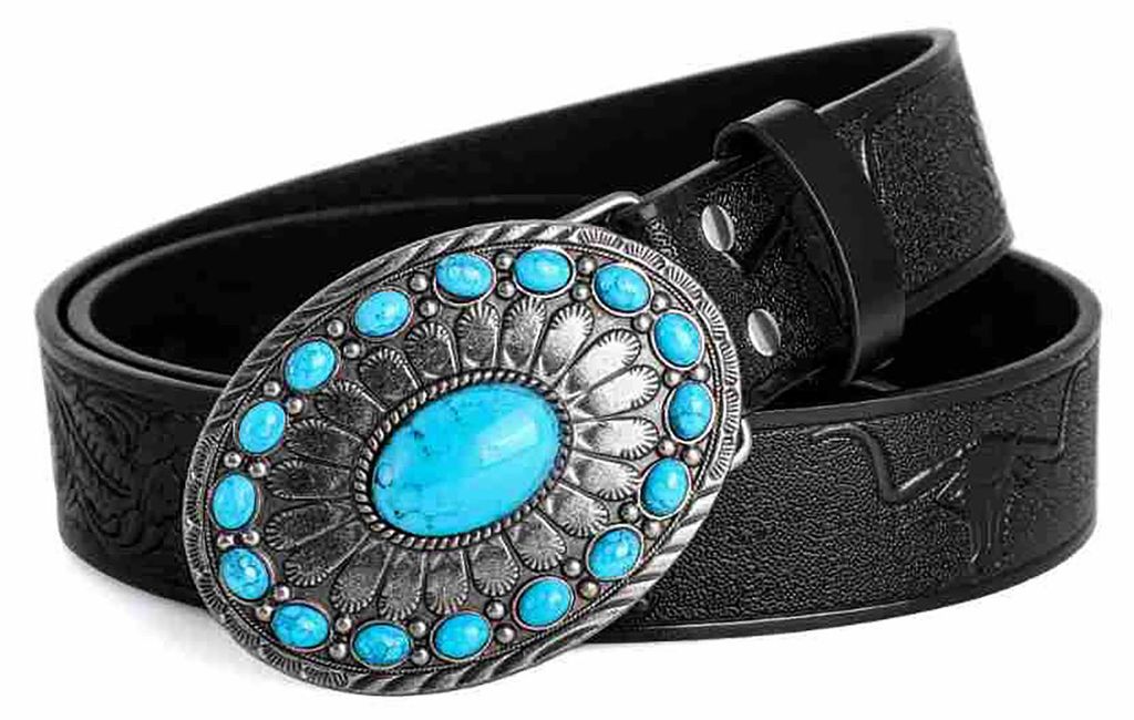 Vintage-Gürtel im Western-Stil aus bedrucktem, türkisfarbenem Kunstleder mit gravierter Schnalle – ideal für Damen und Herren auf Partys.