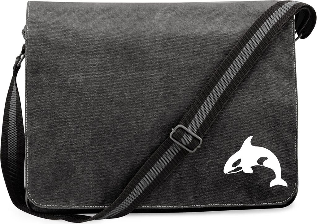 Huuraa Umhängetasche Orka Killerwal 14 Liter Black Canvas Laptoptasche Geschenkidee