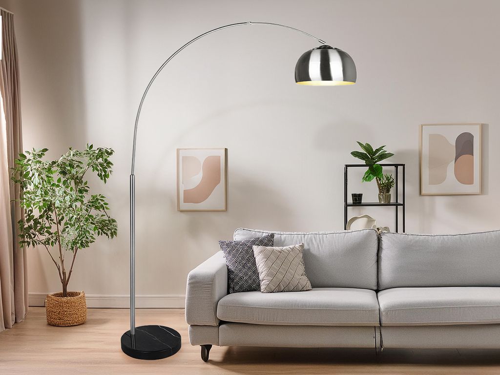 Dimmbare LED Bogenlampe für über Esstisch - gebogene Stehlampe Höhe 200cm Silber