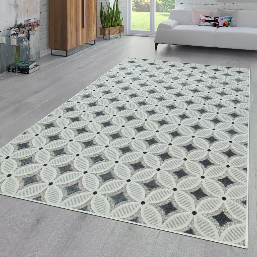TT Home In- & Outdoor-Teppich Balkon Terrasse Mit Retro-Muster 3D-Web-Art In Grau Beige Größe 80x150 cm