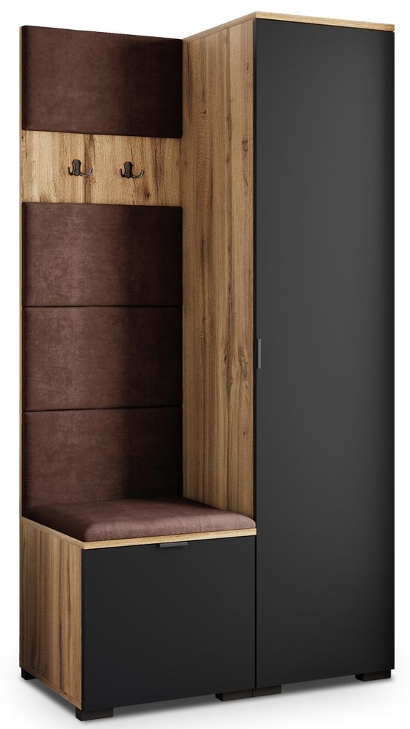 Masseno Garderobe-Set LORI 95/181/51 cm Modern Garderobenschrank Eiche Wotan, Veloursstoff MONOLITH 29 (Braun)