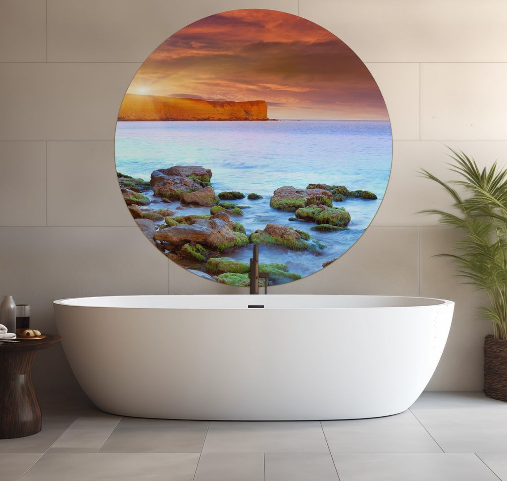 Wallario wasserfestes Poster selbstklebend 120 x 120 cm, Sonnenaufgang am Meer mit Landzunge und Felsen im Wasser, Badezimmerposter Spritzschutz mi...