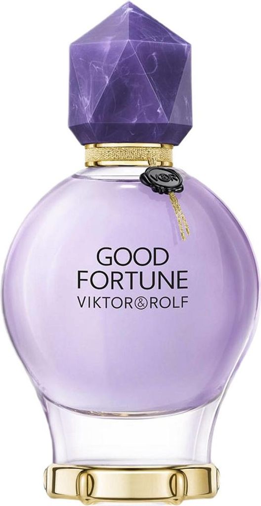 A perfume bottle with a purple gem-like cap and a light purple liquid.