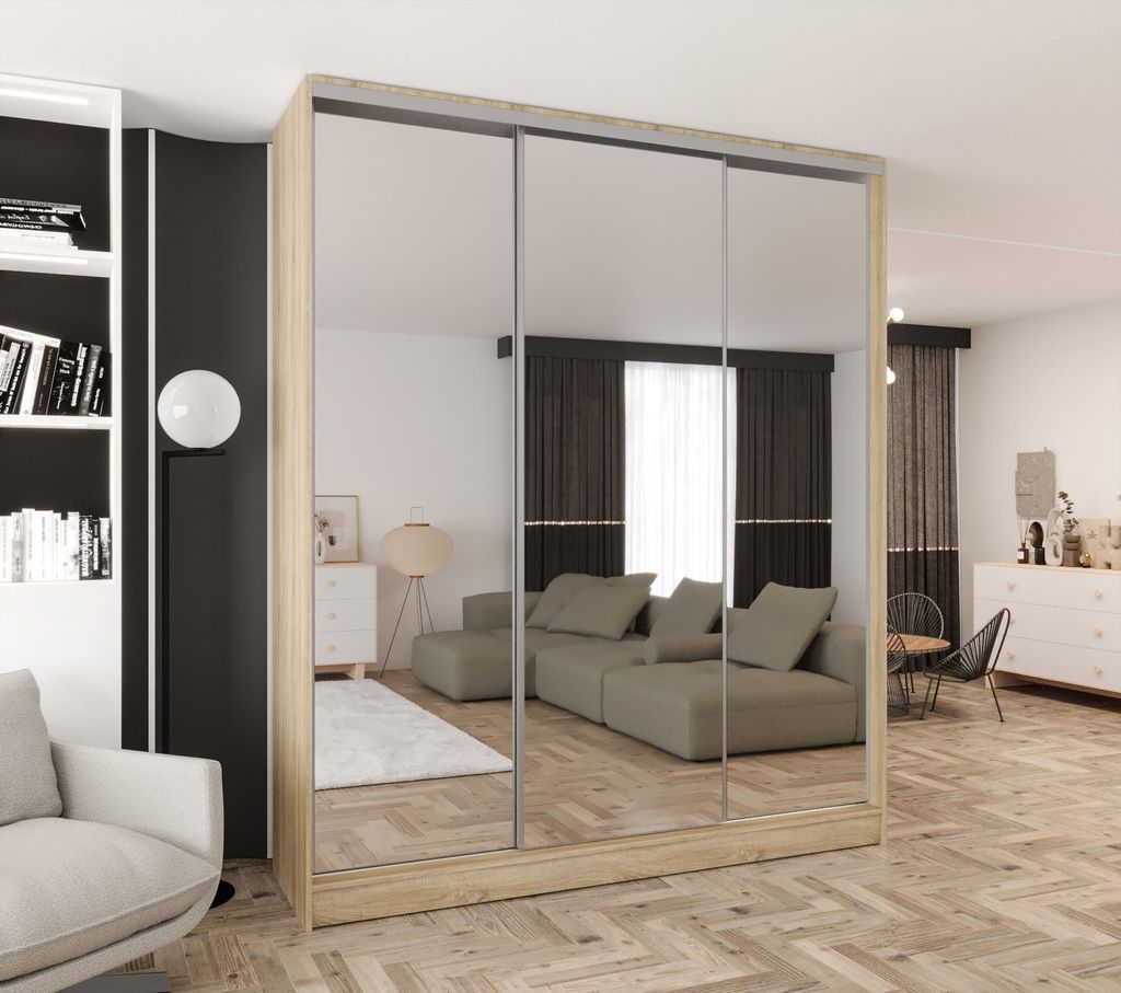 Schwebetürenschrank 3-türig 250x250x58 cm Eiche Sonoma mit 3 Spiegeln – moderner Kleiderschrank für Schlafzimmer und Flur