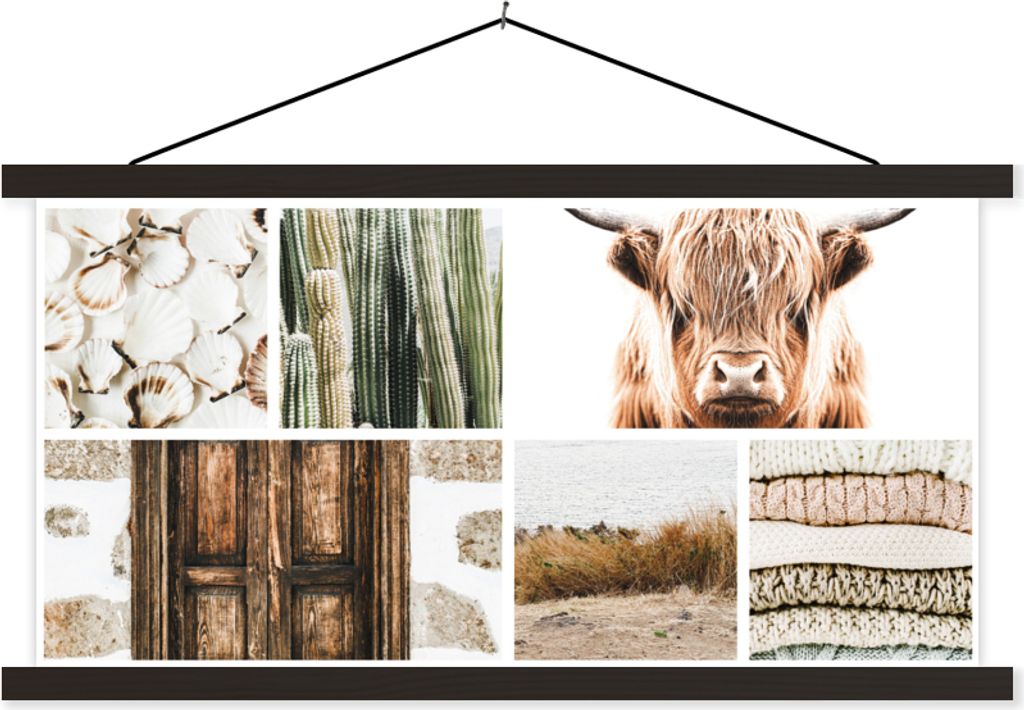 MuchoWow Textilposter Schottisches Hochlandrind - Collage - Beige 120x60 cm mit schwarzem Rahmen - Dekoration Schlafzimmer