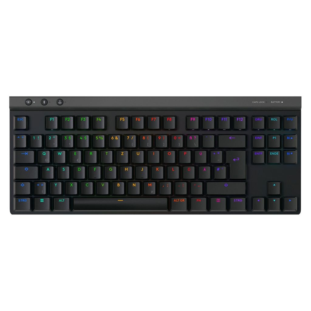 A top-down view of a black gaming keyboard.