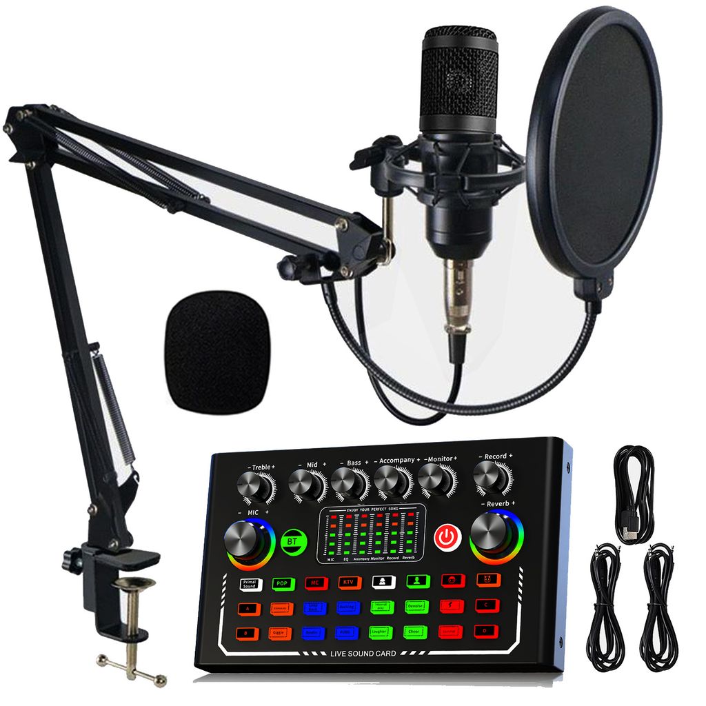 ZELURXX Kondensator Mikrofon Set mit Arm & Soundkarte – Ideal für Podcast, Streaming & Gaming, F009+Schwarz