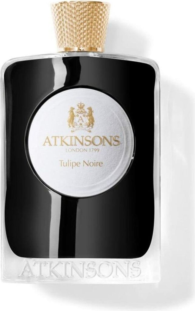 A black bottle of Atkinsons Tulipe Noire Eau De Parfum with a gold cap.