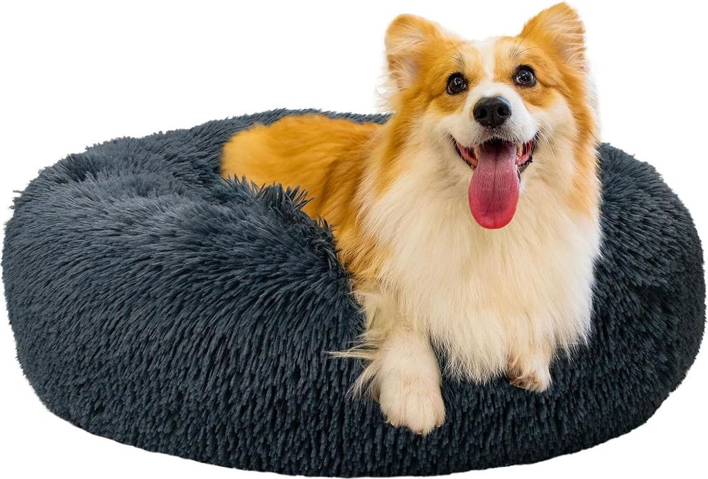 Katzenbett plüschig Plüsch Hundebett rund weich rutschfest Katzenkissen waschbar (M 50 cm dunkelgrau)