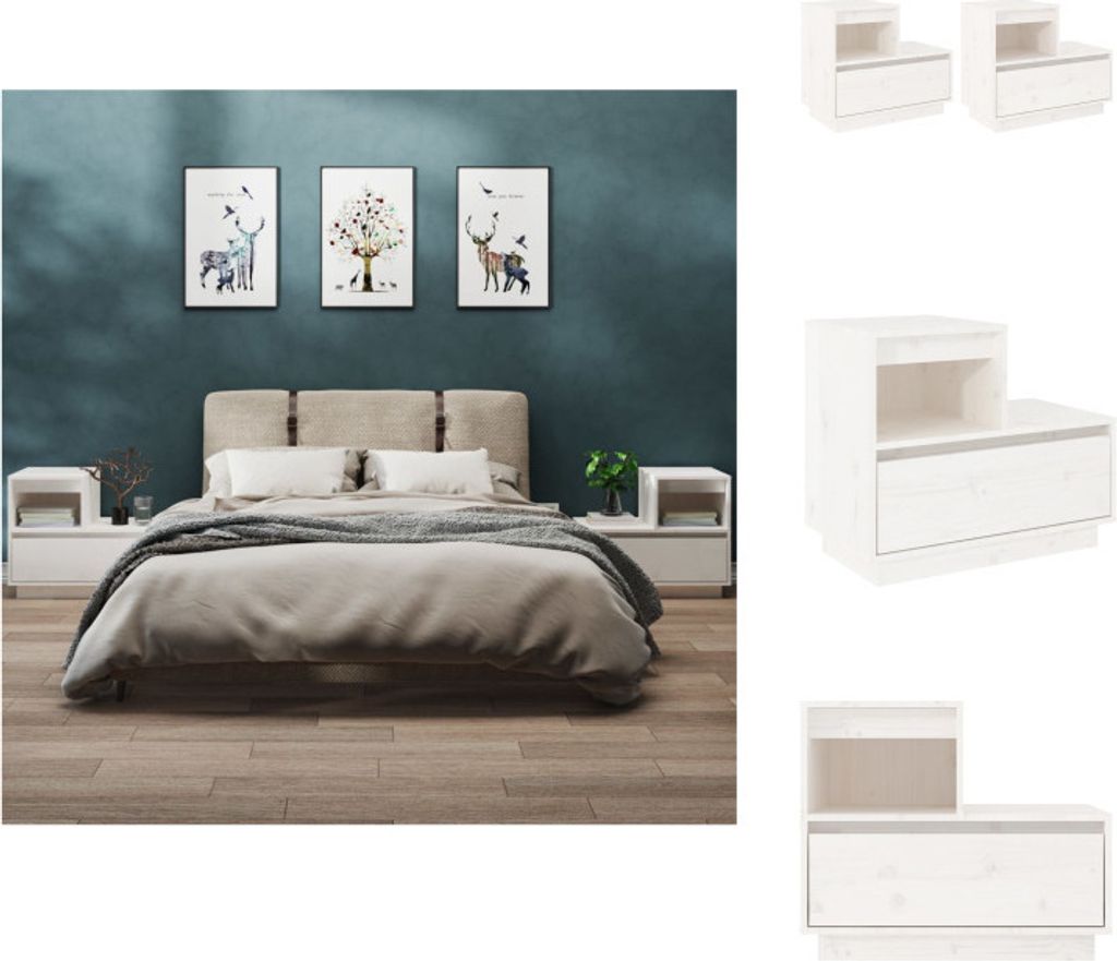 vidaXL Nachttische 2 Stk. Weiß 60x34x51 cm Massivholz Kiefer - Nachttische