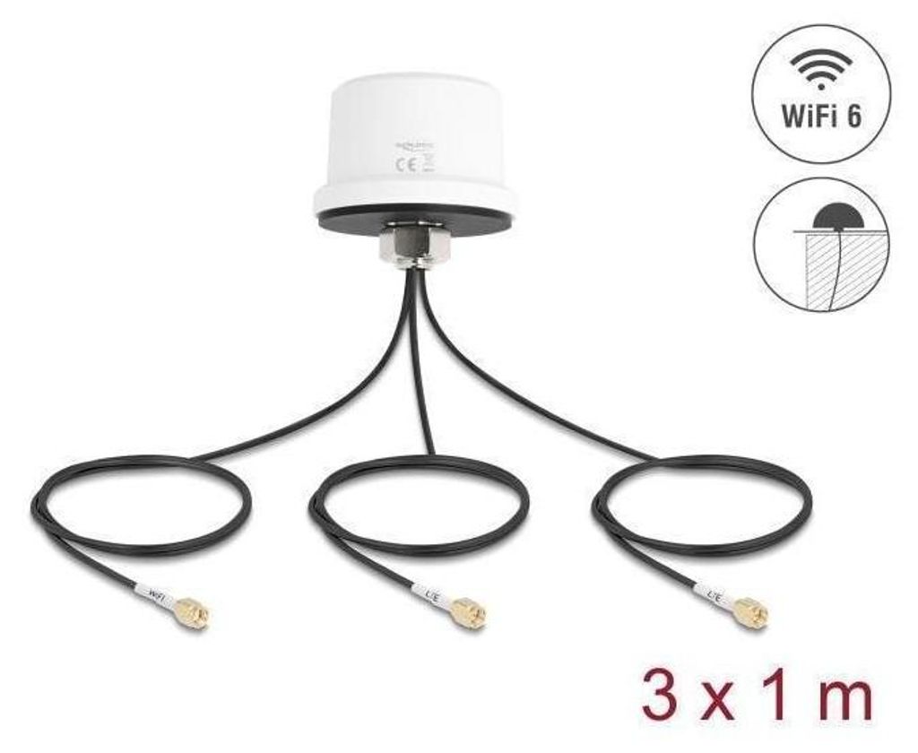 Delock 4G MIMO Dualband WiFi 6 Antenne 2 x SMA + 1 x RP-SMA Stecker ULA100 1 m S