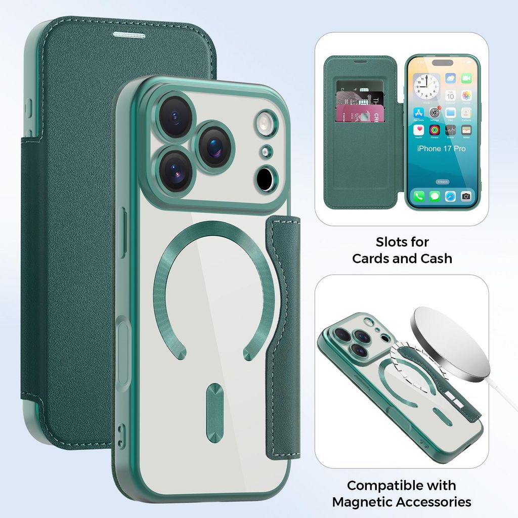 Klapphülle für iPhone 17 Pro Kompatibel mit Magsafe, Klar Überzug Kartenhalter Ledertasche mit Kameraschutz Grün