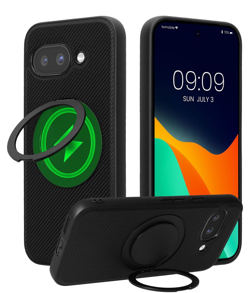 kwmobile Hülle für Google Pixel 9a Handyhülle - Case kompatibel mit MagSafe - Cover mit Ringständer - Kunstleder Carbon Look in Schwarz