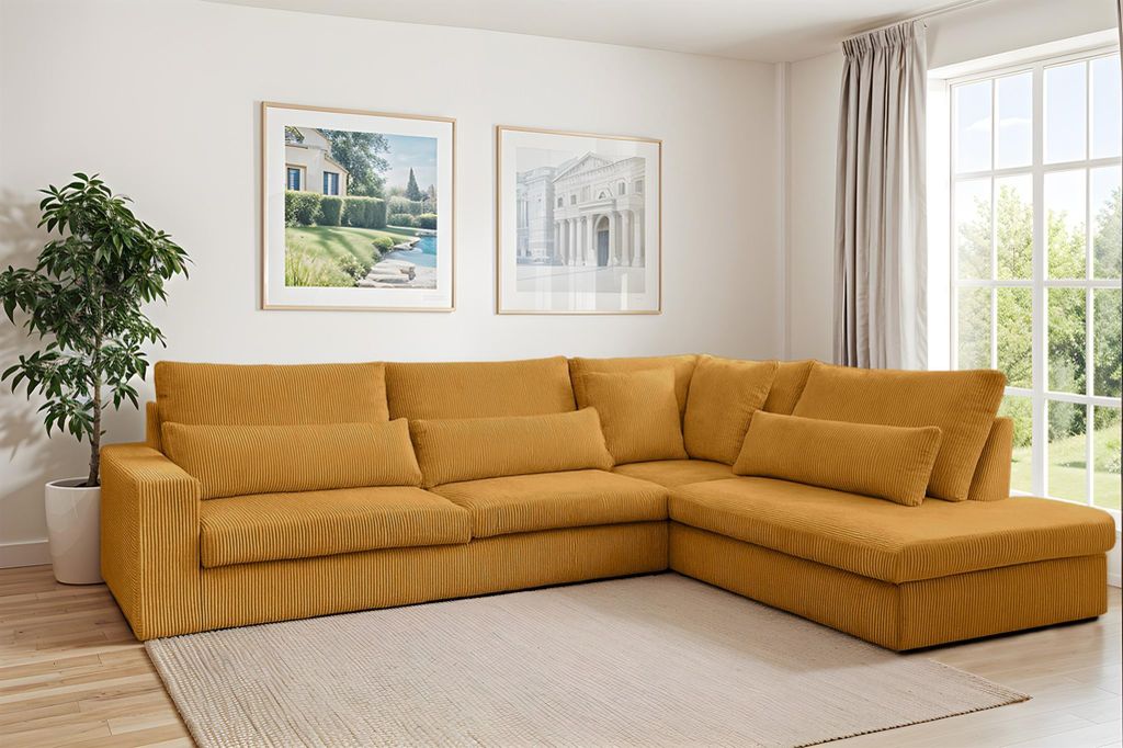 Ecksofa Designersofa THORA in Stoff Poso Honiggelb Ottomane Rechts