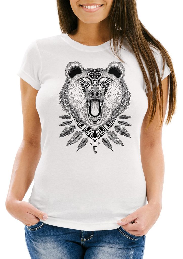 Damen T-Shirt Bär Boho Bear Zentangle Bohemian Atzec Federn Slim Fit Neverless weiß 3XL