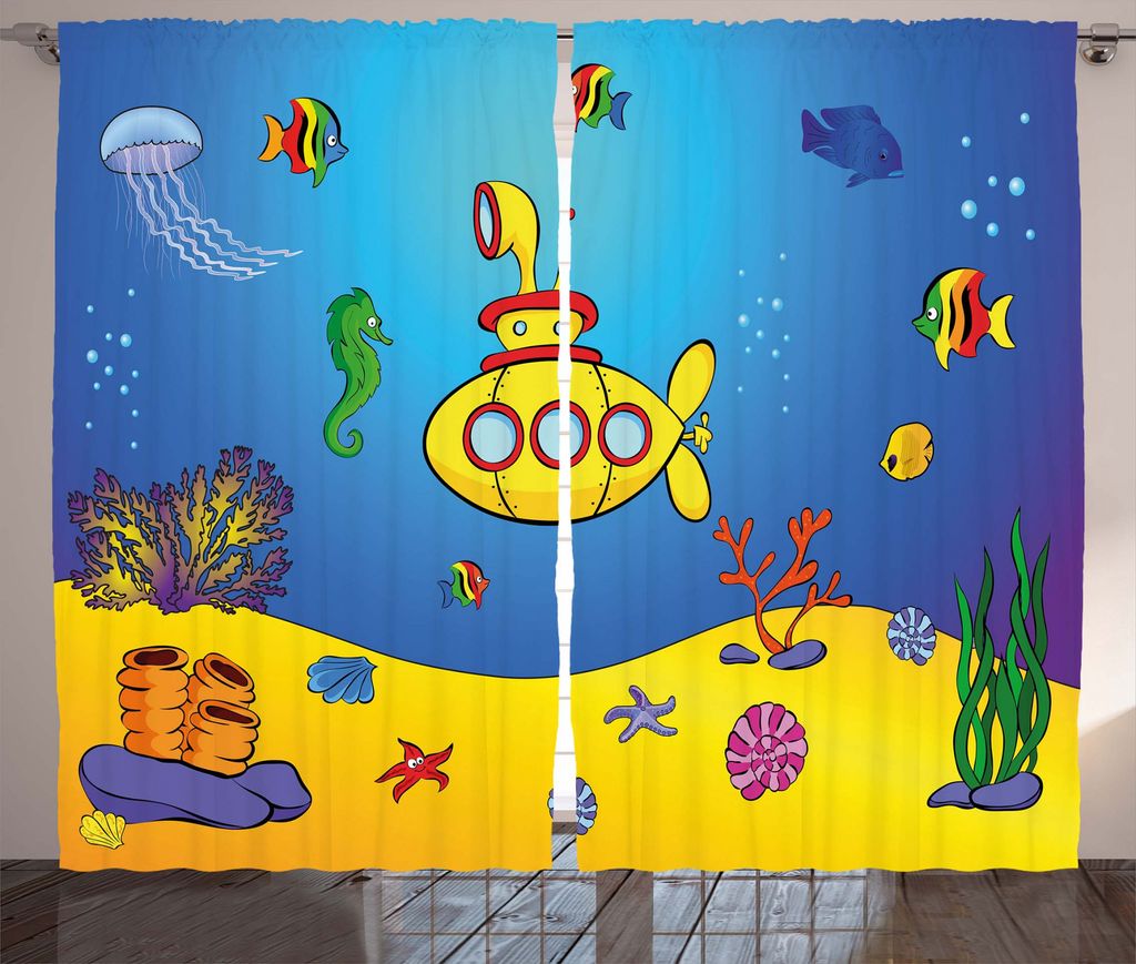 ABAKUHAUS Gelbes U-Boot Rustikaler Vorhang, Nautische Kinder, Wohnzimmer Universalband Gardinen mit Schlaufen und Haken, 280 x 225 cm, Gelb Blau