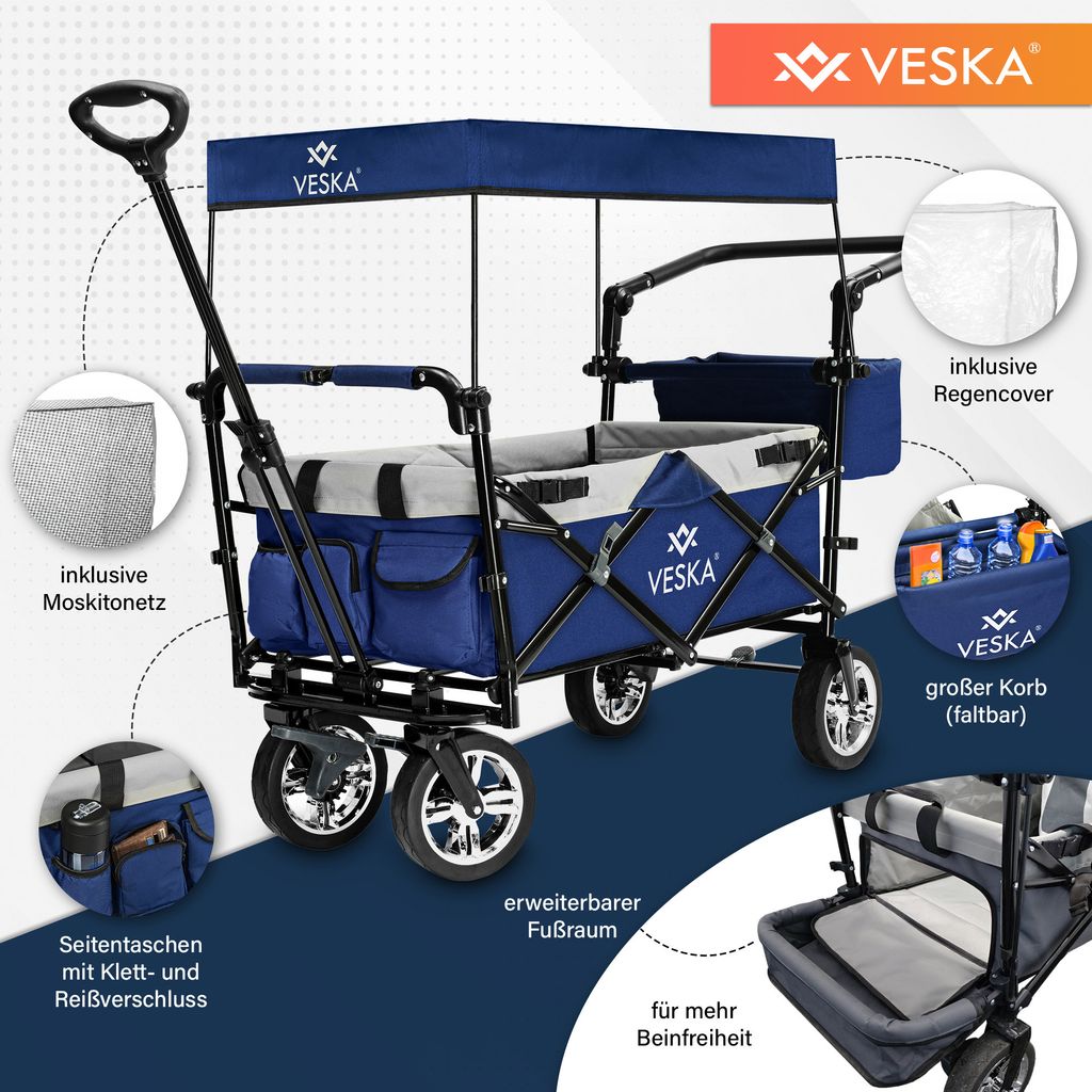 Bollerwagen faltbar mit Dach 2 Sitzer blau/grau bis 80 kg