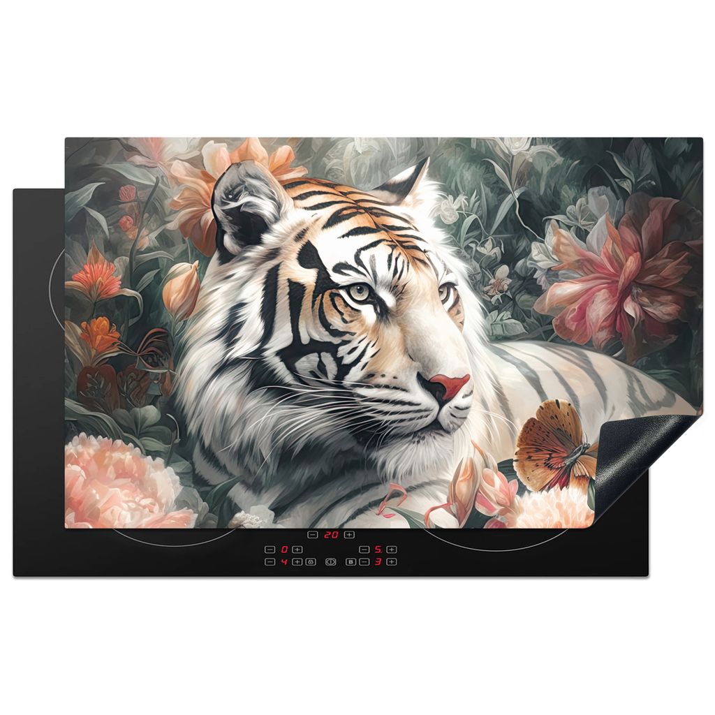 KitchenYeah Herdabdeckplatte Tiger - Wildtiere - Blumen - Dschungel , 83x51cm, Küche Deko, Glaskeramikkochfeld Herdabdeckung, Abdeckplatte fùr ...