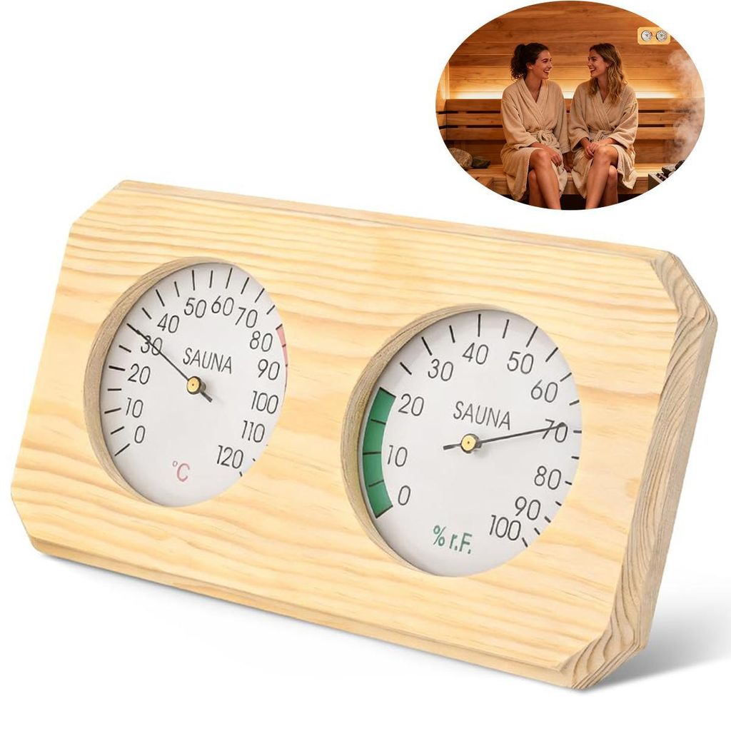 Sauna Thermometer Hygrometer 2-in-1 Kombigerät,Echtholz Kiefer Analoges Saunazubehör,Präzise Temperatur- & Luftfeuchtigkeitsmessung für Saunara...