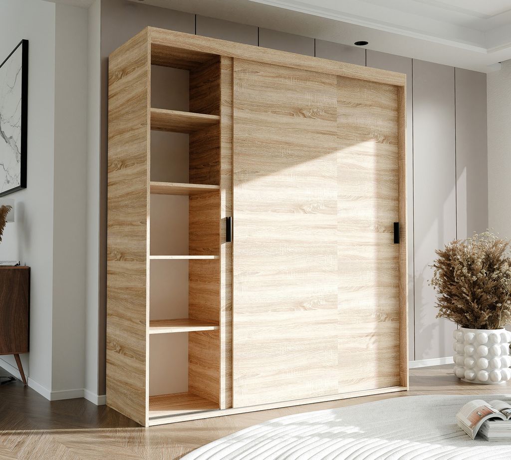 IDOHOME-Dreitüriger Schiebetürenschrank STILO 180 cm mit Regalen und Kleiderstangen Schrank Garderobe Sonoma schwarze Griffe