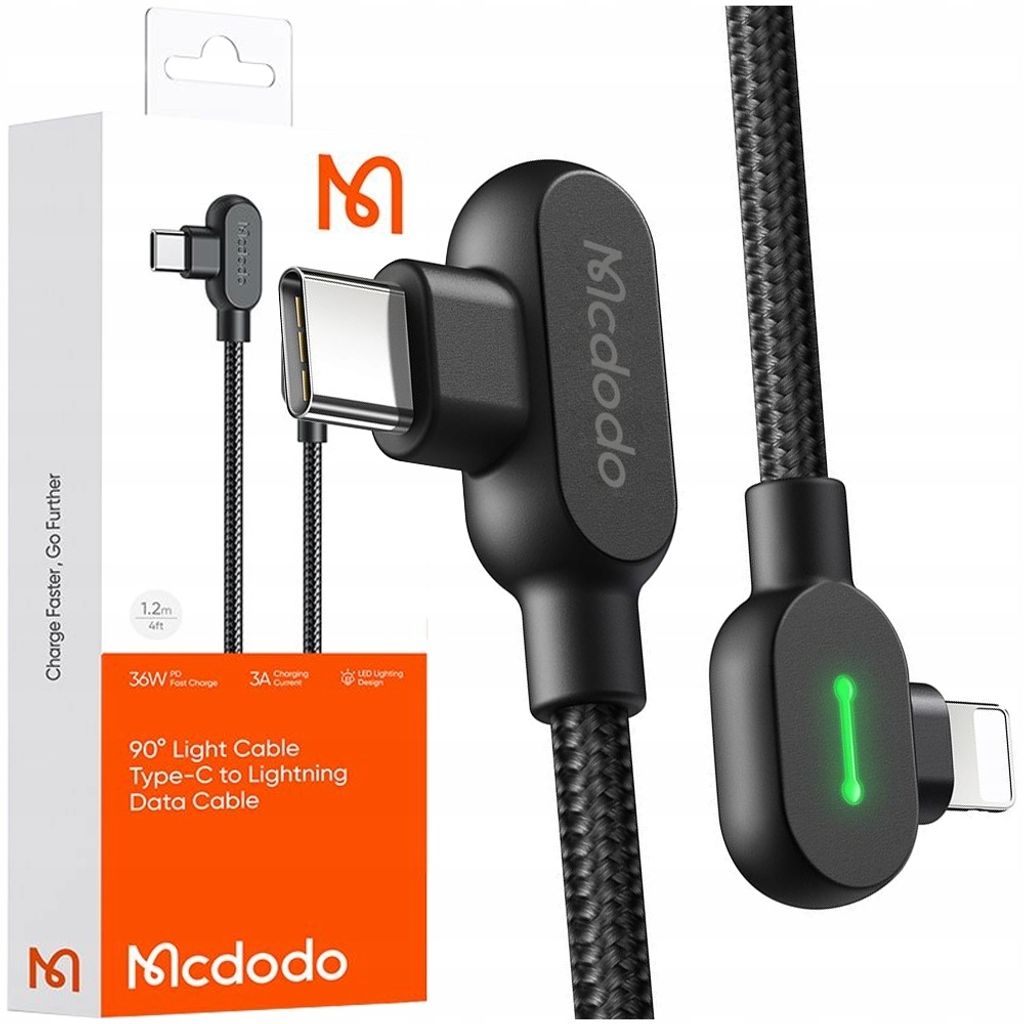 Mcdodo 90° Winkel Kabel USB-C Lightning Reversibel Für iPhone 13 14 LED 1m