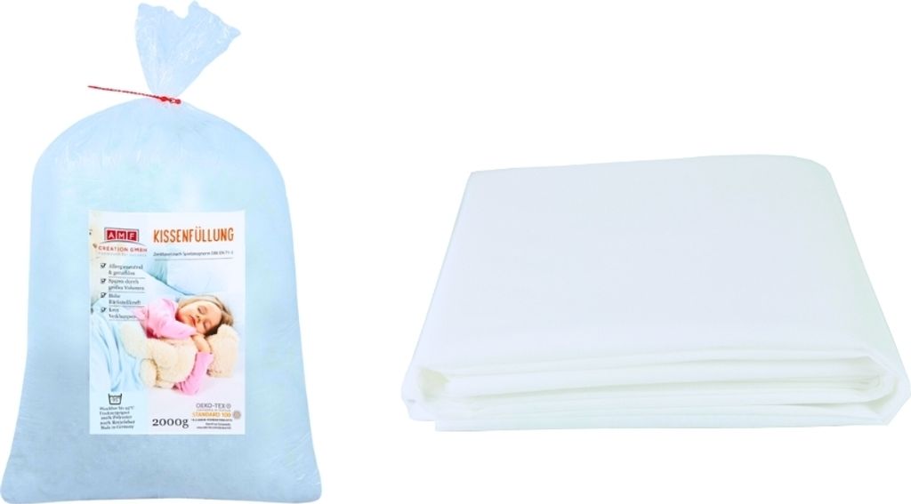 A bag of pillow filling and a folded white fabric are shown against a white background.
