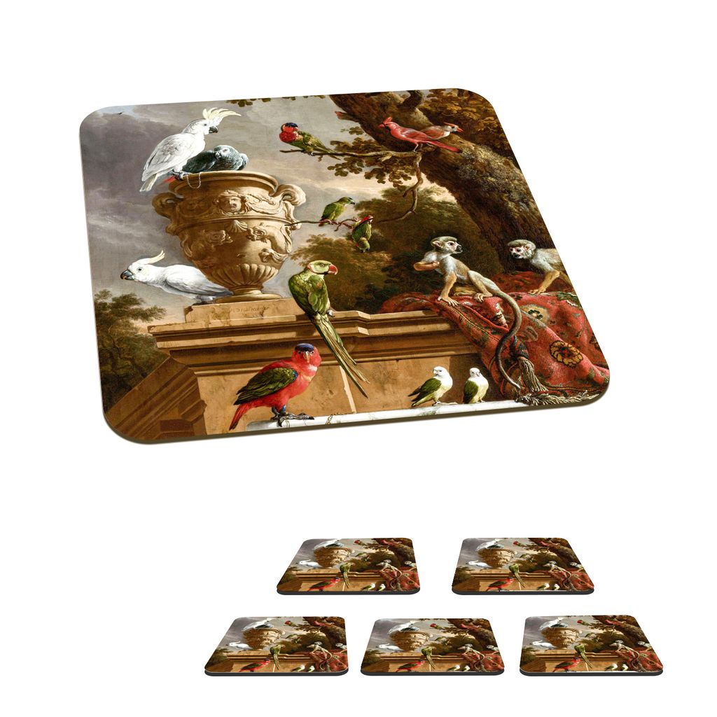 KitchenYeah Glasuntersetzer Quadratisch 6er Set Die Menagerie - Melchior d' Hondecoeter - Vogel 10x10 cm Untersetzer für Gläser - Getränkeunte...