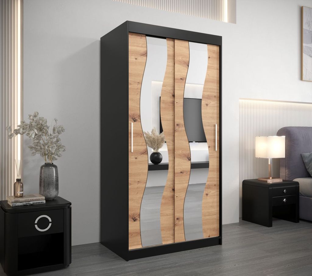 Kleiderschrank mit Spiegeln HERTA – Breite 100 cm, schwarz/Eiche handwerklich gefertigt