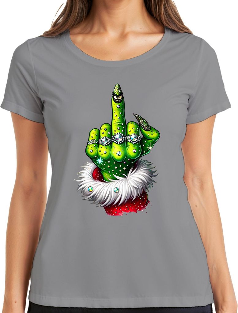 Grinch Mittelfinger Weihnachten frech Geschenk Glitzer Damen T-Shirt, Grau, L