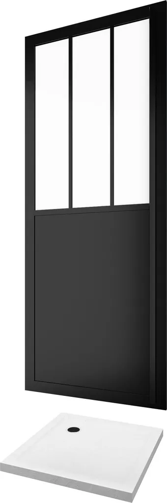 Porte de douche pivotante noire 80x200 et receveur blanc aspect pierre