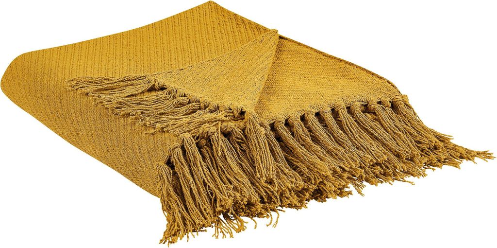BELIANI Kuscheldecke Senfgelb Baumwolle 125 x 150 cm Klassisch mit Fransen Handgewebt Schlafzimmer Wohnzimmer Accessoire Deko Überwurf Wohndecke