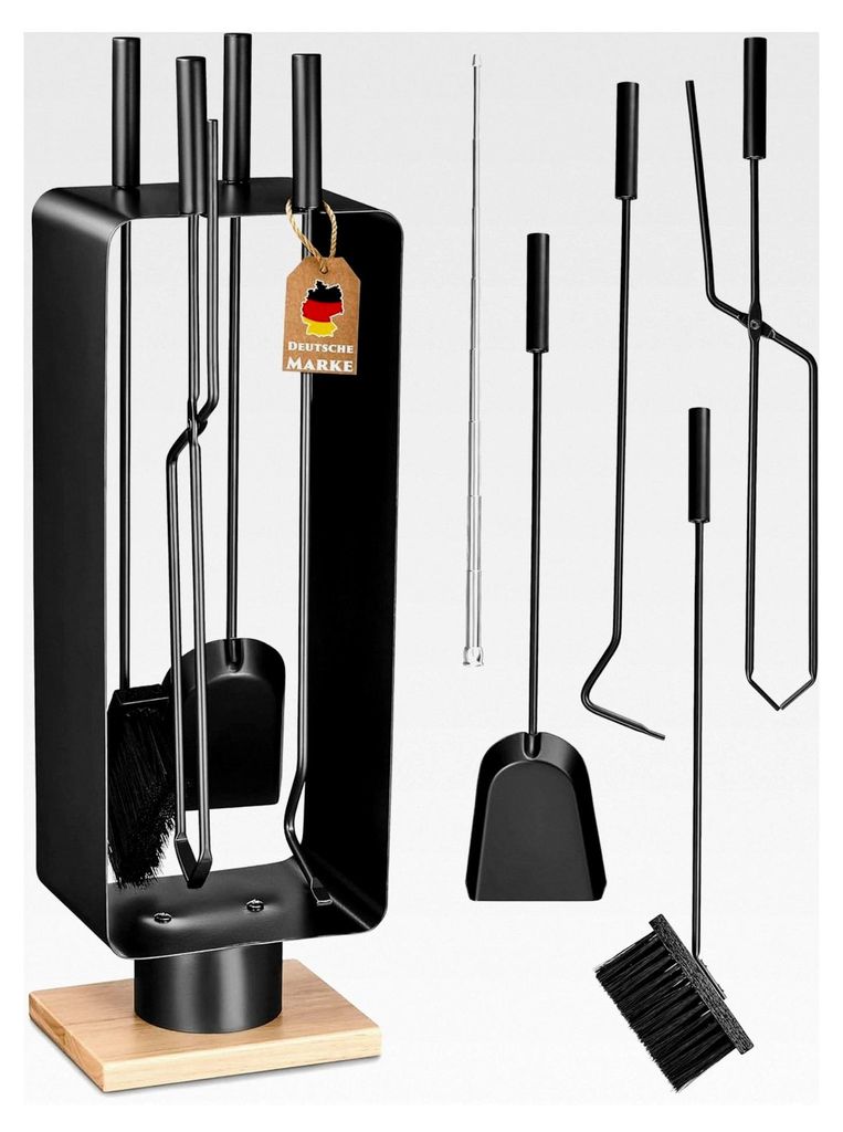 Kaminbesteck modern - Kamingarnitur schwarz mit Besen, Schaufel und Schürhaken