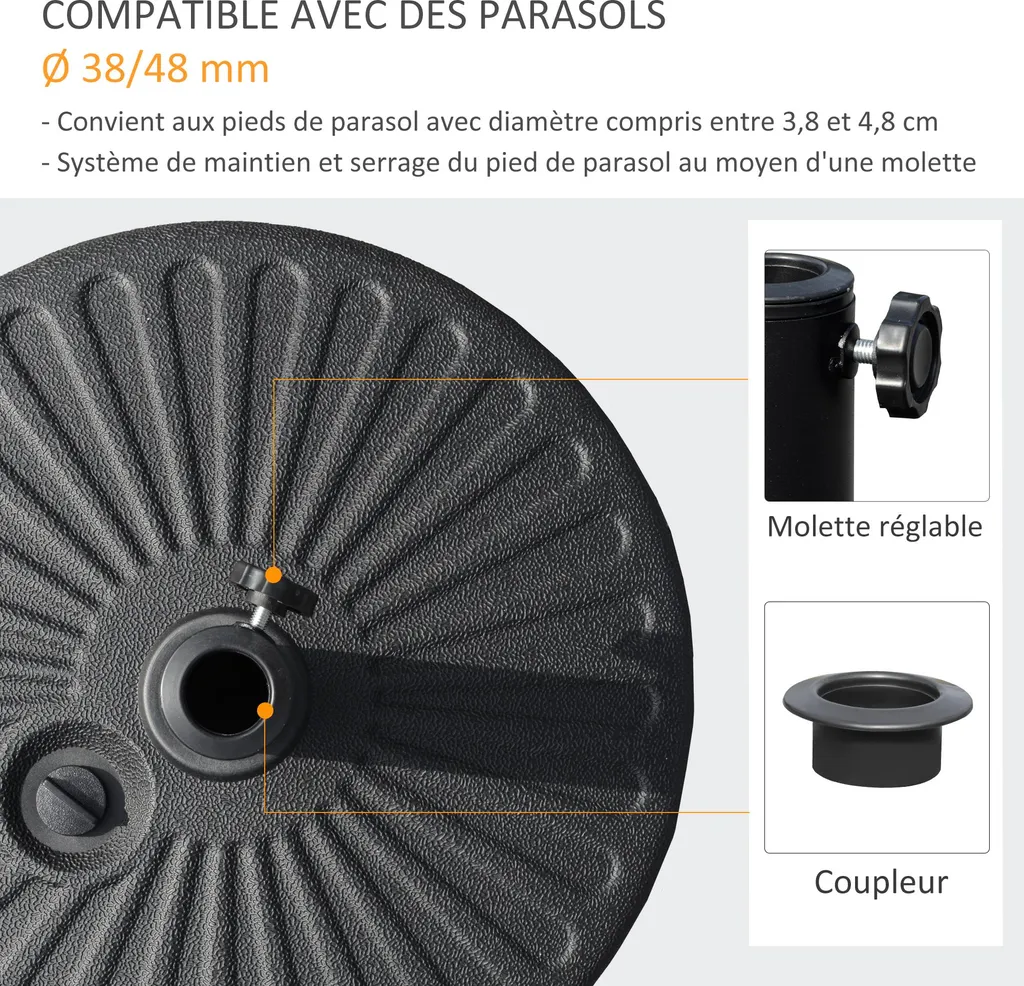 Base de parasol Outsunny robuste 51 cm remplissable sable et eau