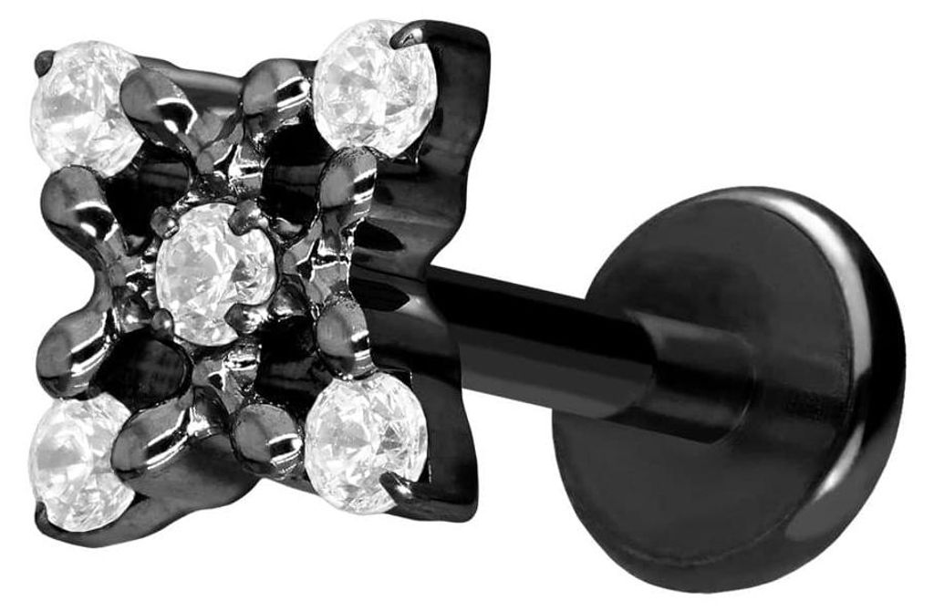 Ohrpiercing, Nasenpiercing Titan Labret mit Push Fit KRISTALLBLUME Schwarz Stablänge: 7mm | Stabstärke: 1mm