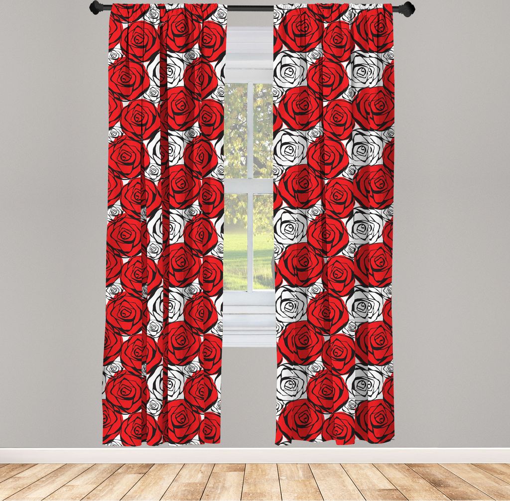 ABAKUHAUS Rot und Schwarz Vorhänge, Gardinen, Rosen mit schwarzen Konturen im Retro-Stil weibliche Natur inspiriert, 2 Stück 75 x 245 cm, , Scarl...
